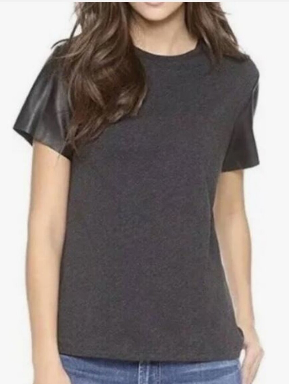 Vince Crew Neck Tee Lamb Leather Short Sleeve Black and Grey Size Medium